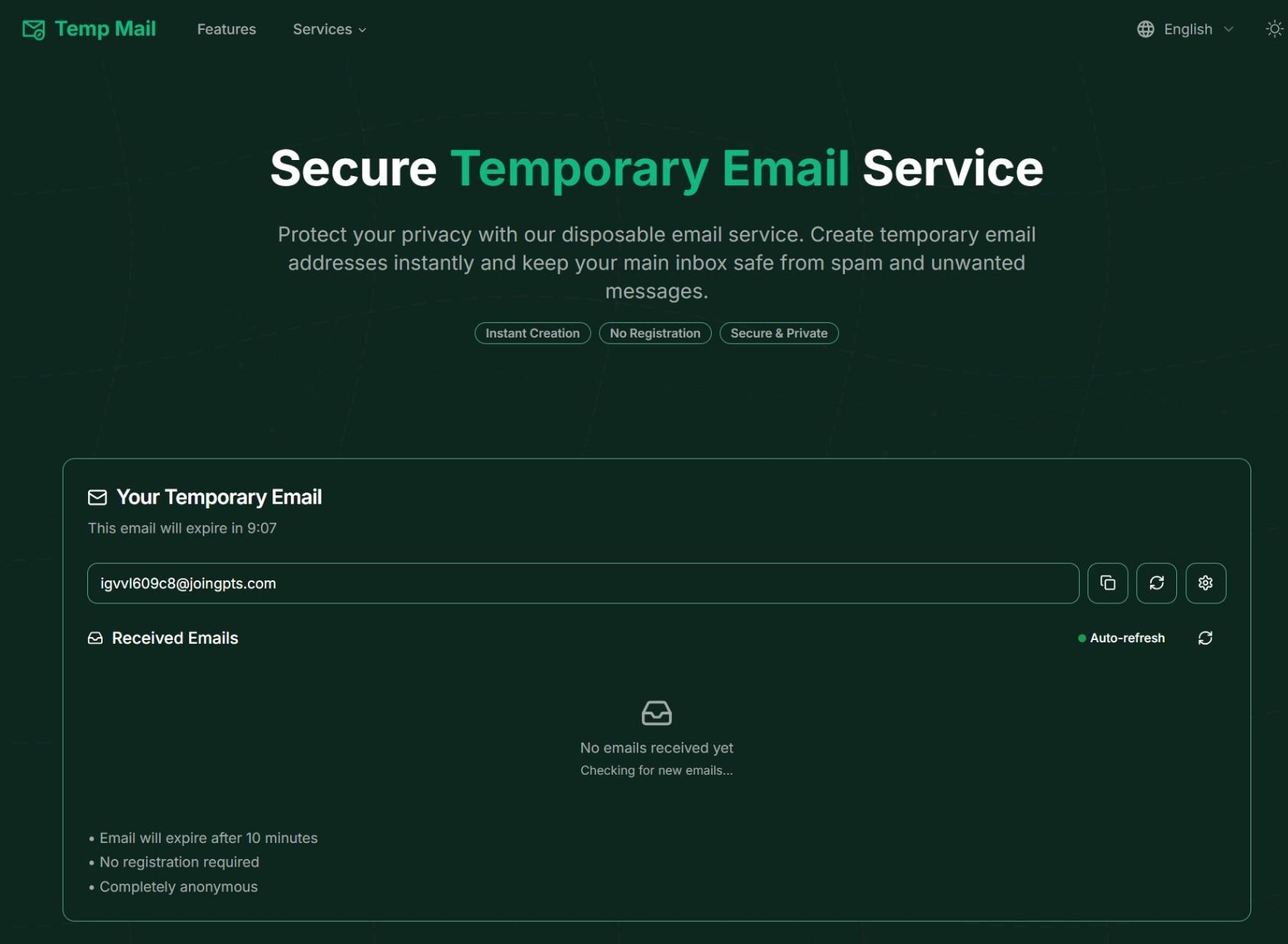 Temp Mail screenshot and logo