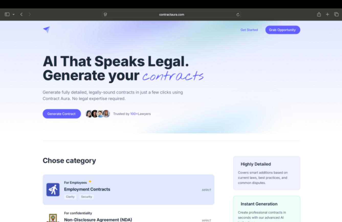 Contract Aura | Generate legal contracts using AI screenshot and logo