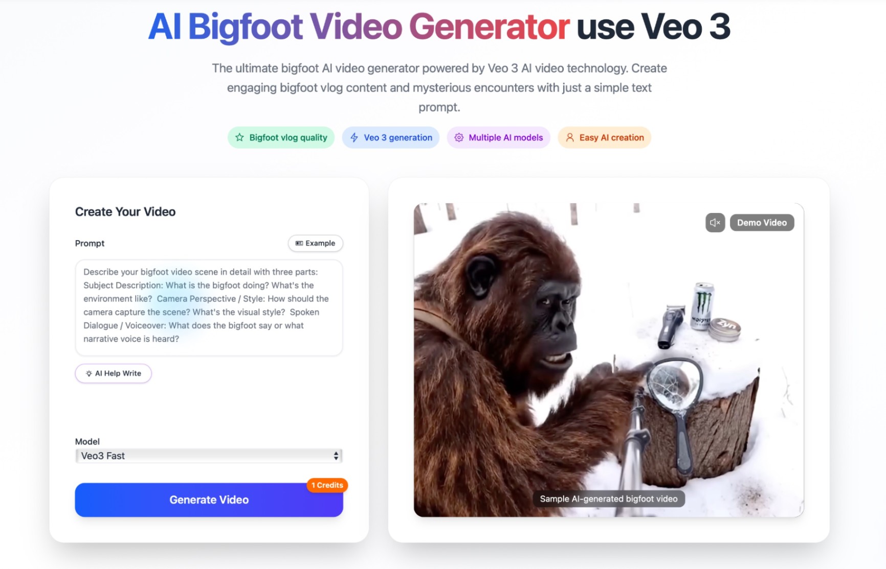 AI Bigfoot Video Generator screenshot and logo