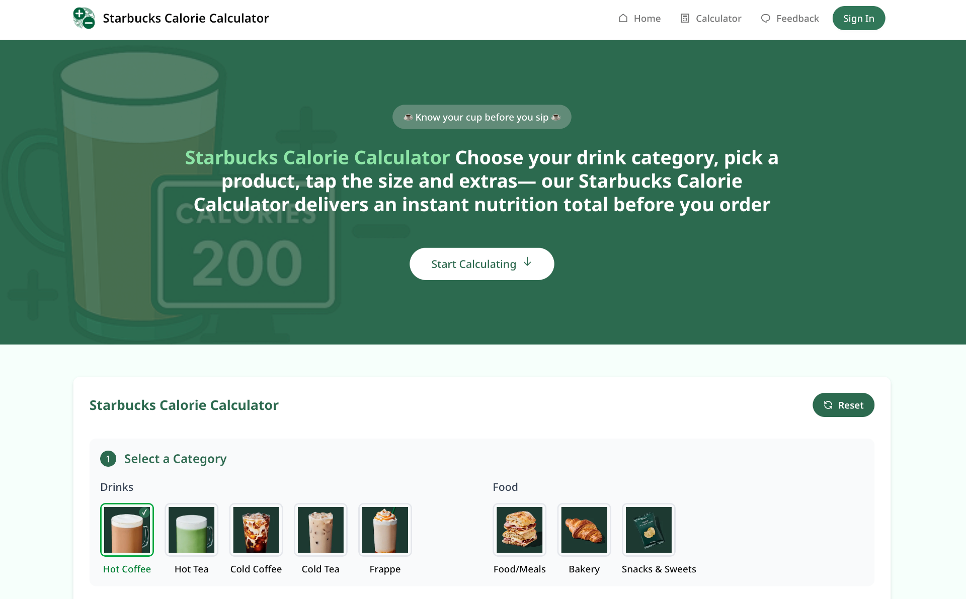 Starbucks Calorie Calculator screenshot and logo