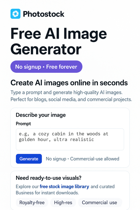 Photostock - Free AI Image Generator screenshot and logo