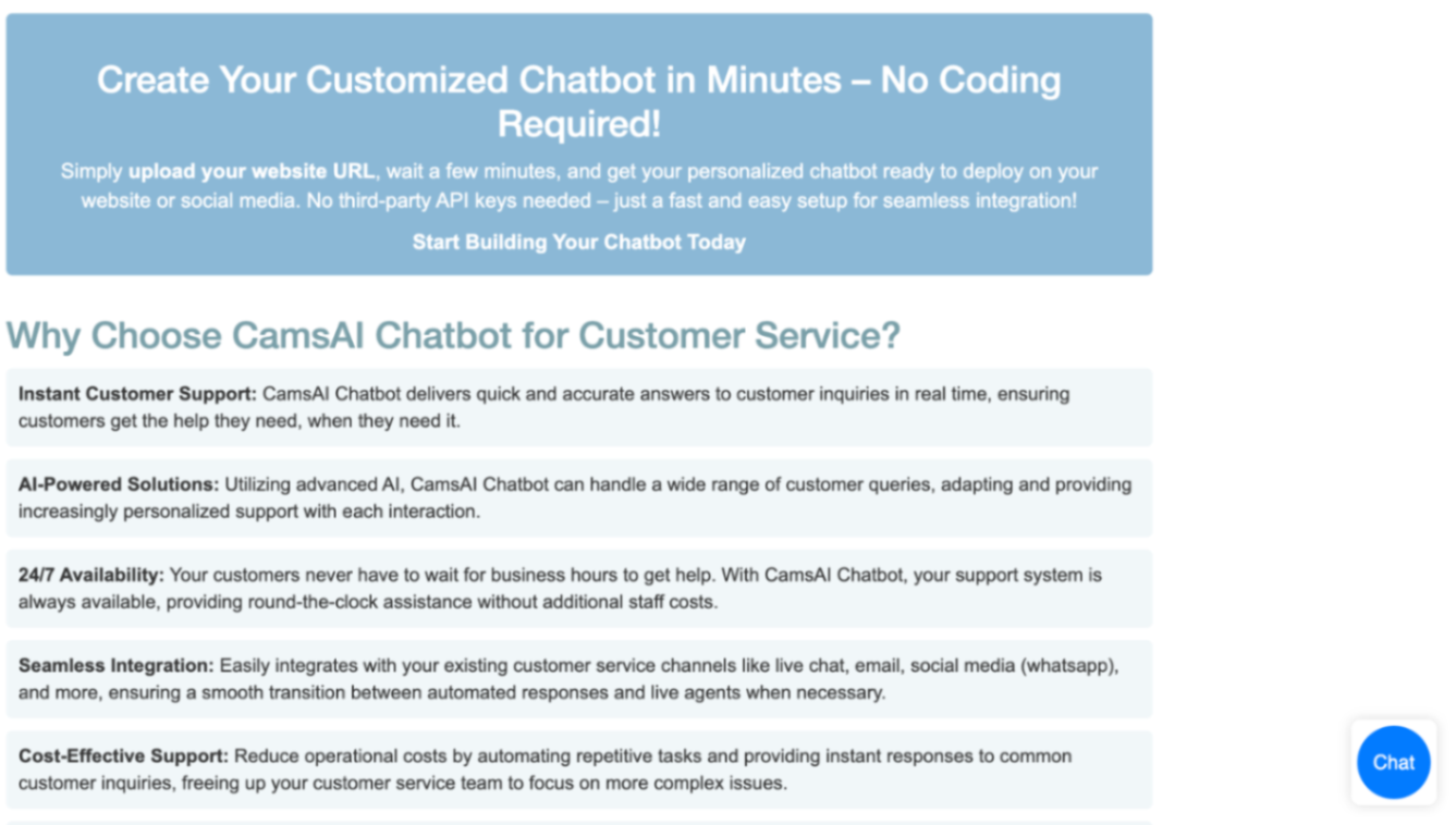 CamsAI Chatbot screenshot and logo