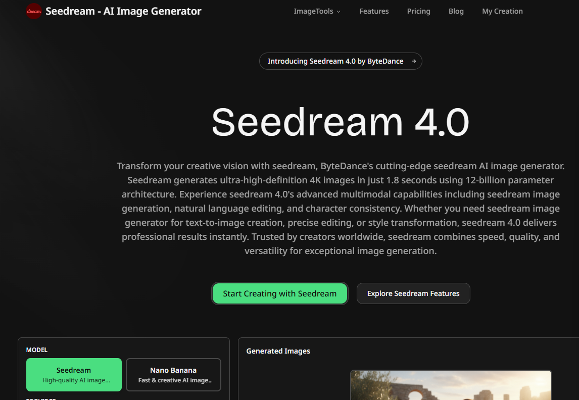 Seedream 4.0 - Professional AI Image Generator Powered by ByteDance screenshot and logo