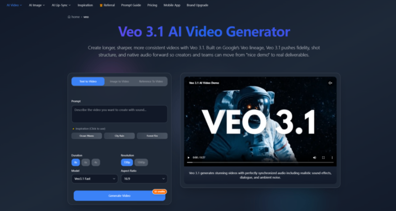 Google Veo 3.1 — AI Video Generator Overview | JXP screenshot and logo