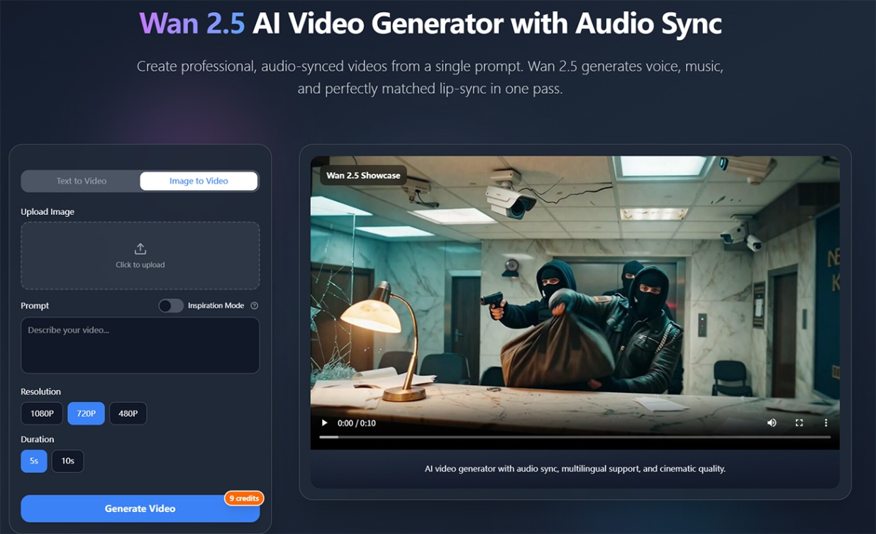 Wan 2.5 AI Video Generator screenshot and logo