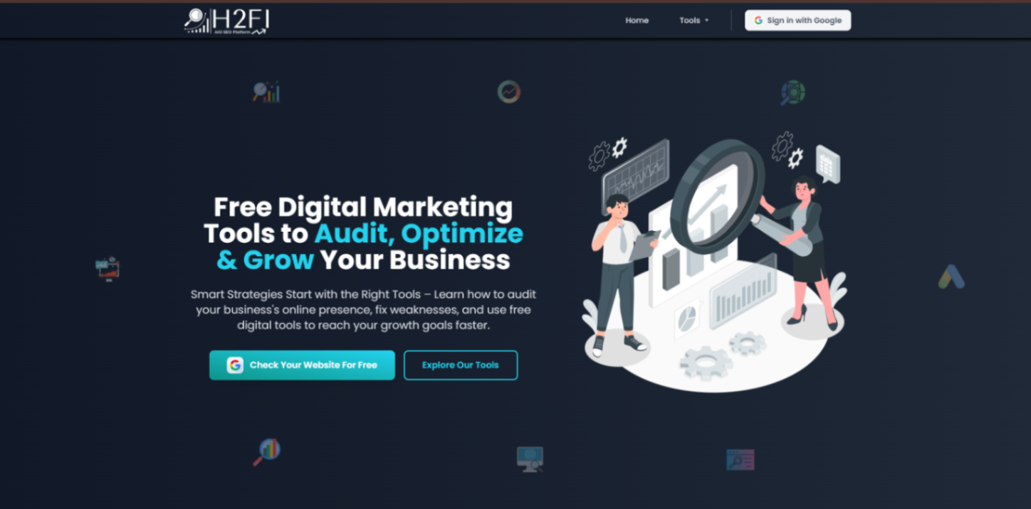 H2Fi - SEO Audit Tool screenshot and logo