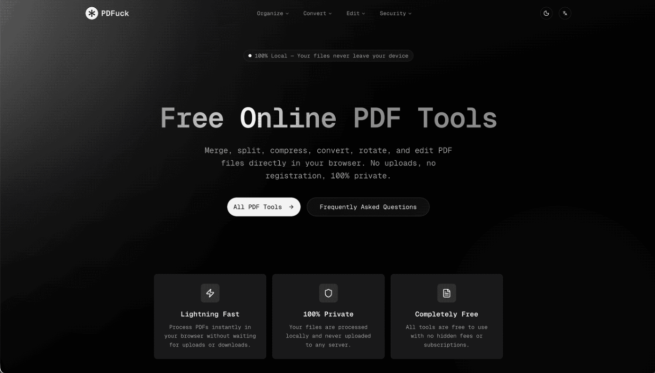 PDFuck - Free Online PDF Tools screenshot and logo