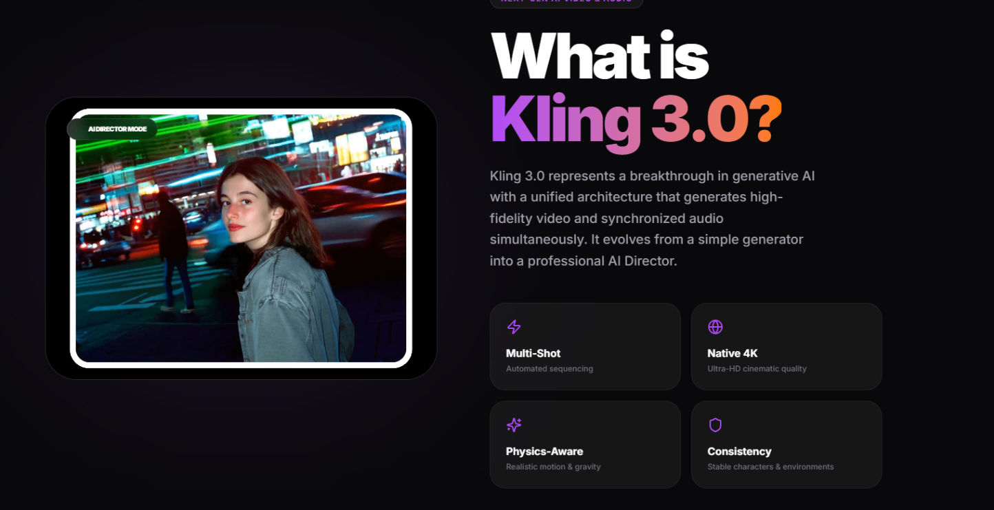 Kling 3.0 AI Video Generator screenshot and logo
