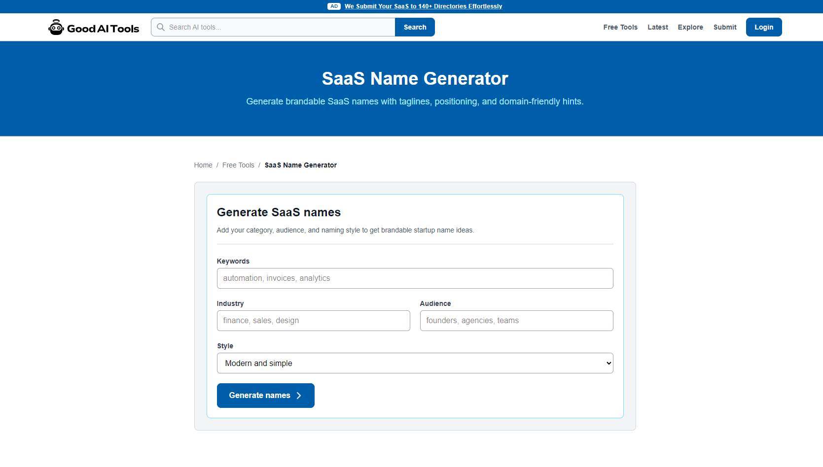 SaaS Name Generator screenshot and logo