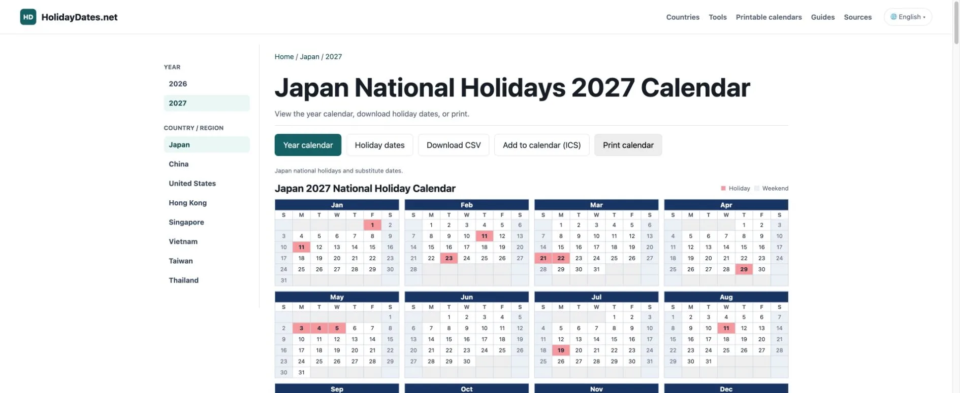 Japan 2027 holiday calendar with yearly view and CSV/ICS downloads