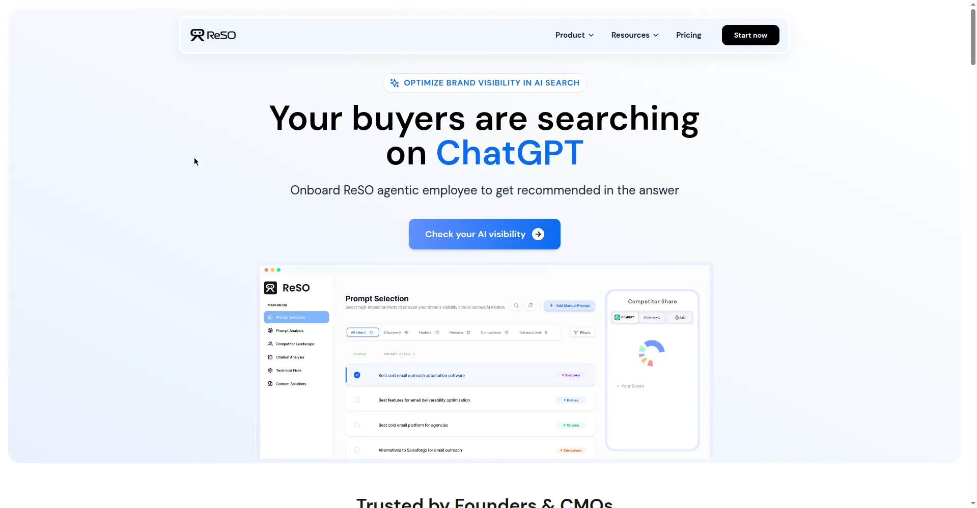 ReSO AI homepage — check your AI visibility