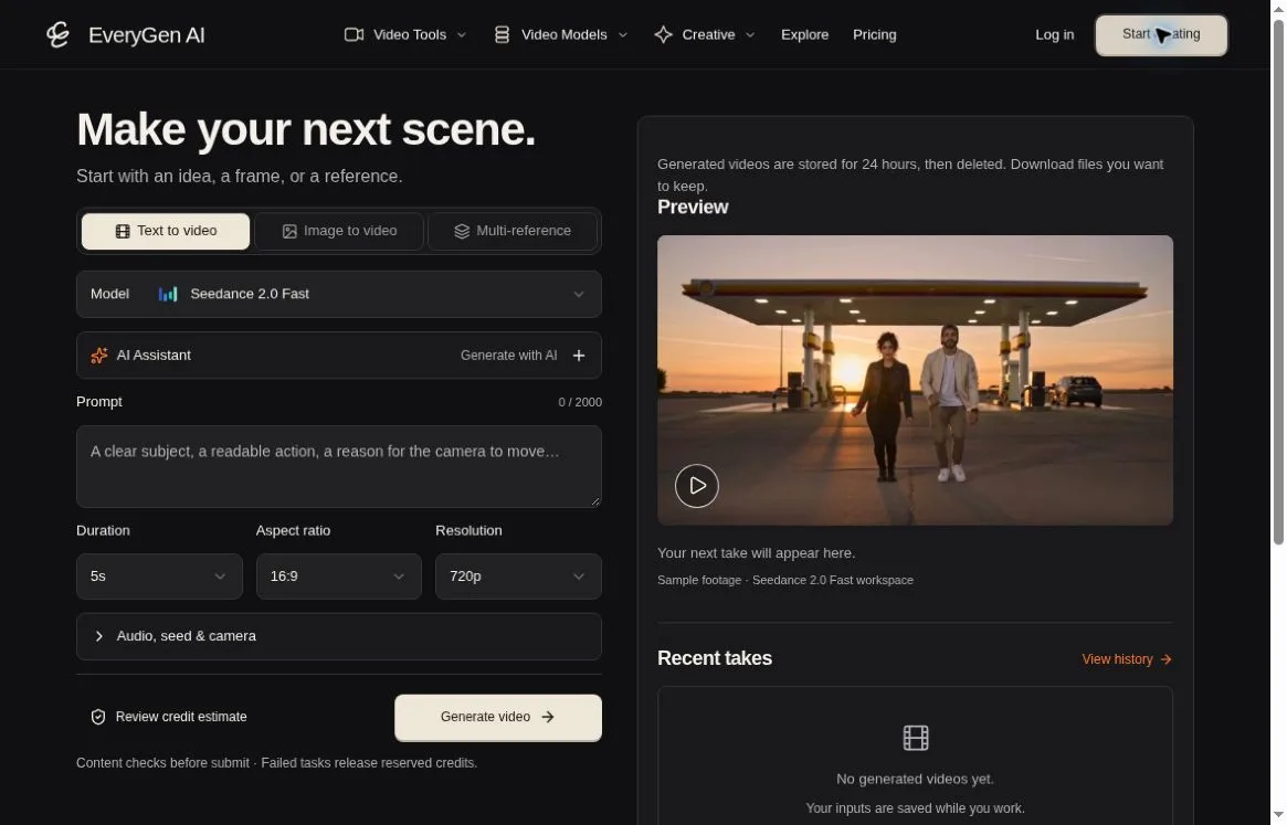 EveryGen public-preview workspace with labelled sample footage, not a generated result