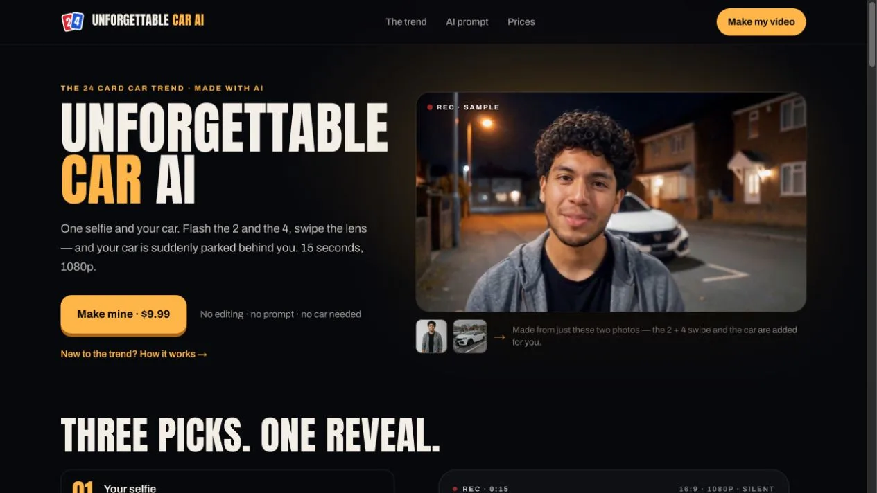 Unforgettable Car AI homepage with a generated car-reveal sample