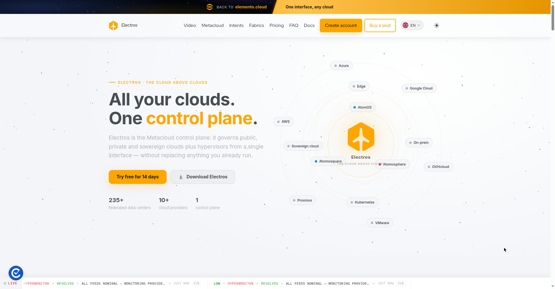 Electros homepage — all your clouds, one control plane