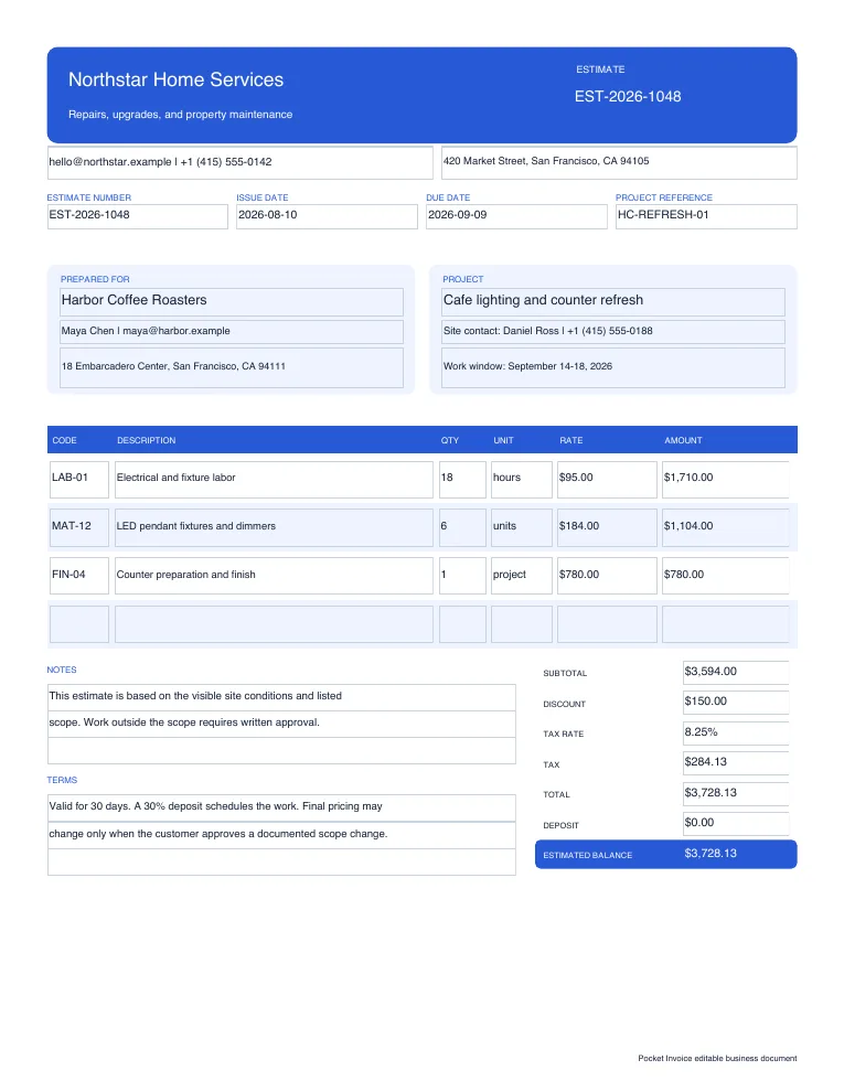 Pocket Invoice estimate PDF preview
