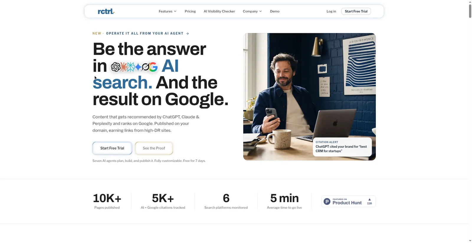 RankControl homepage — be the answer in AI search and the result on Google