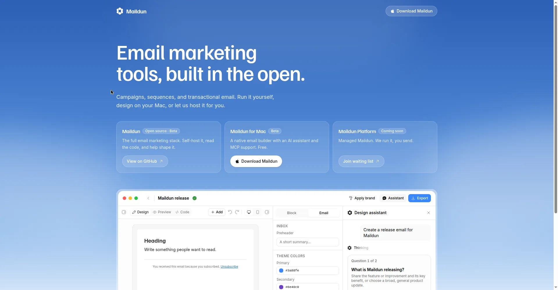 Maildun homepage — email marketing tools, built in the open
