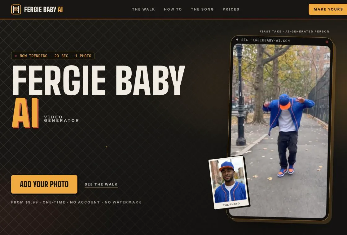 Fergie Baby AI homepage with an AI-generated person sample