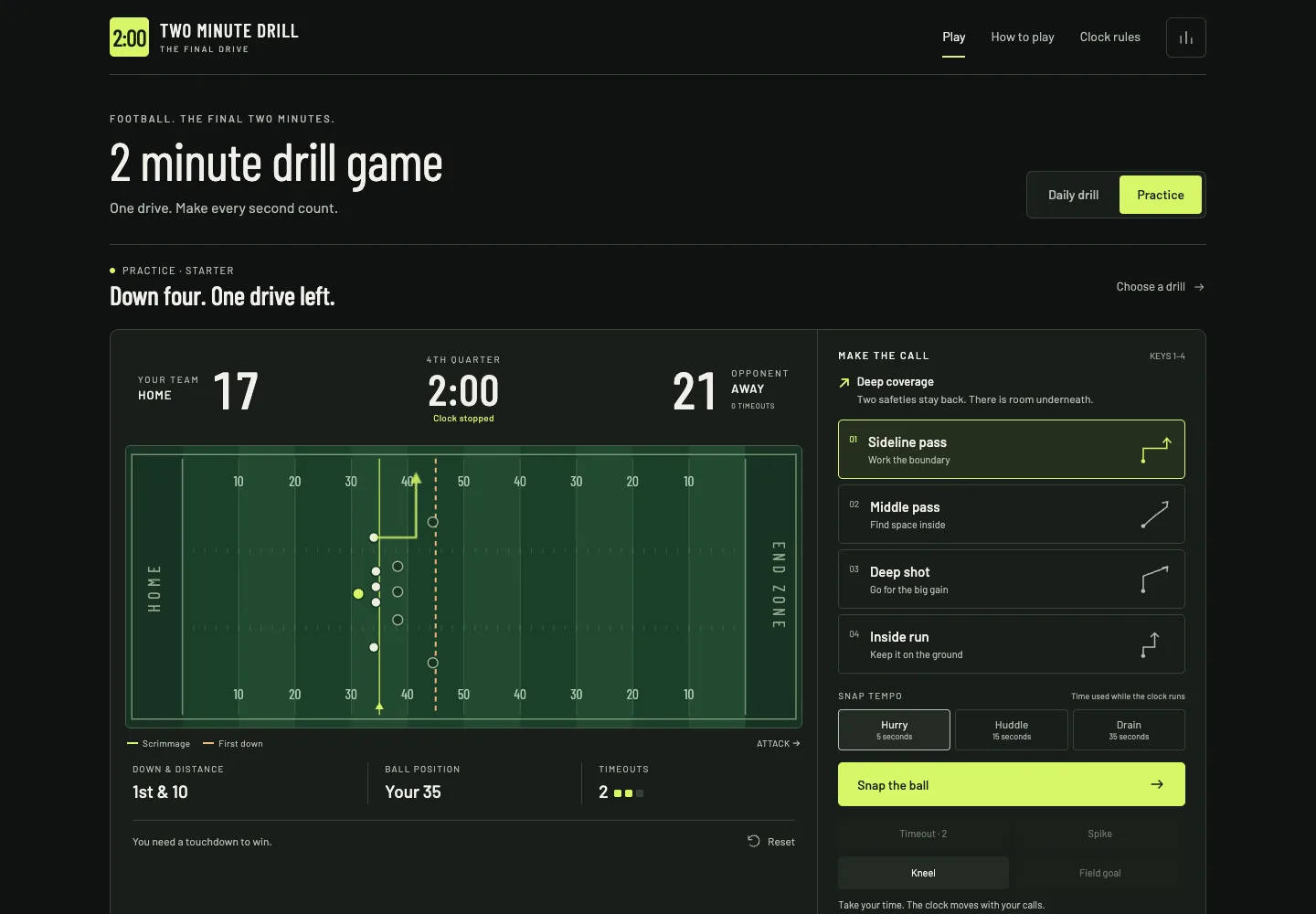 Football practice: choose a play and manage the clock