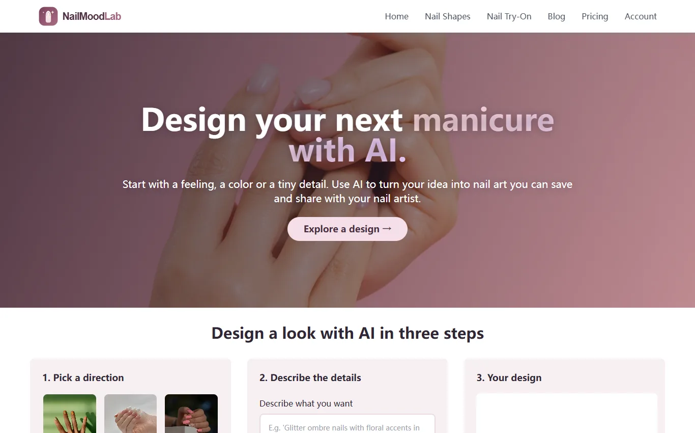 NailMoodLab homepage and AI manicure design workflow