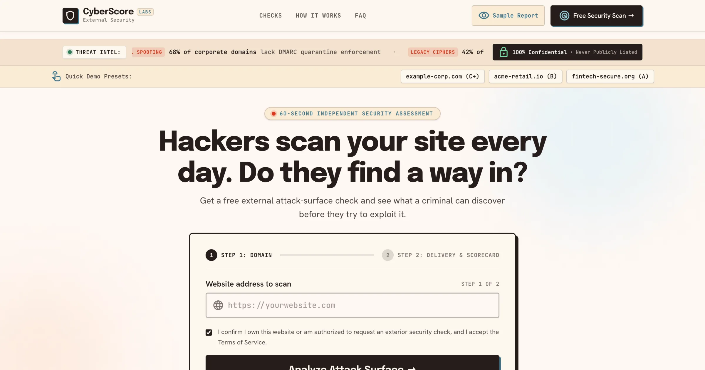 CyberScore Labs homepage — free 60-second external security report