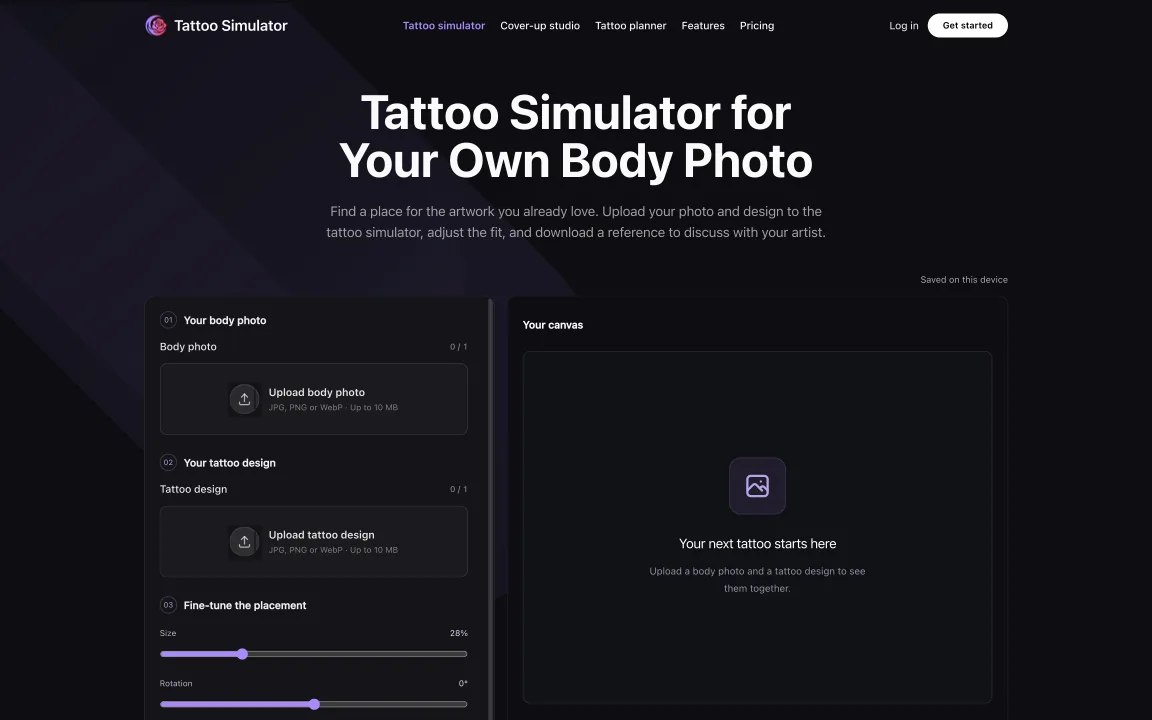 Tattoo Simulator homepage and placement workspace