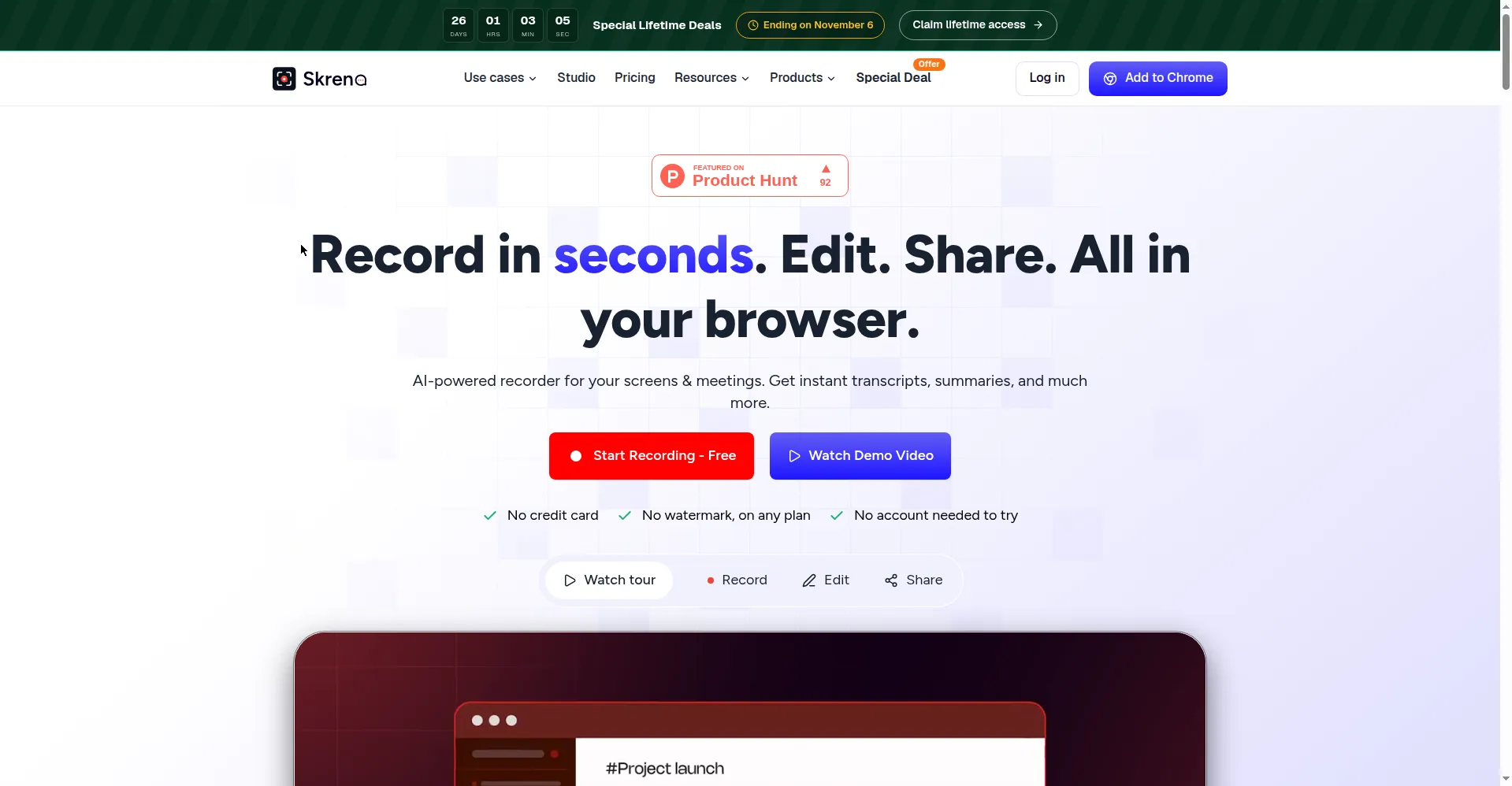 Skreno homepage — record, edit, share in your browser
