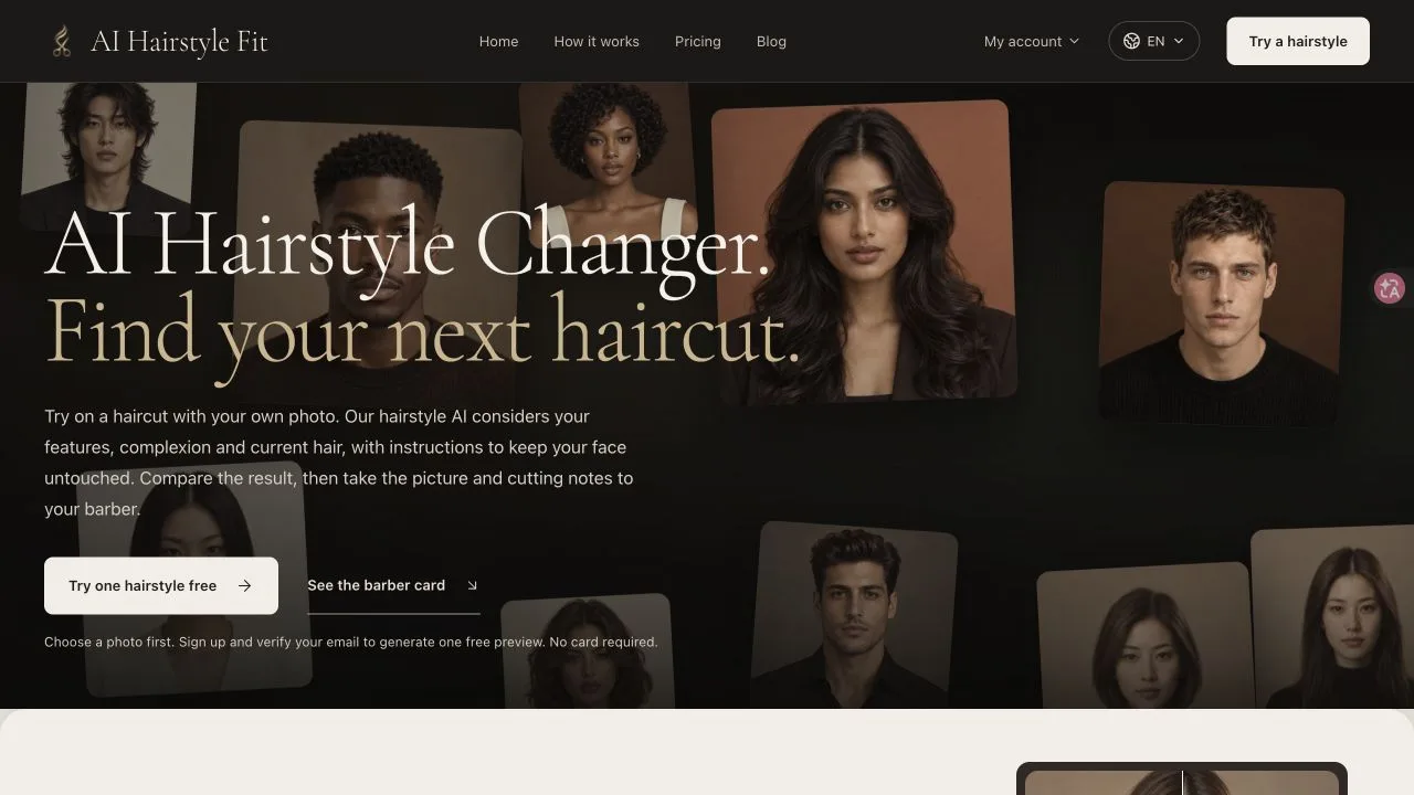 AI Hairstyle Fit homepage and haircut preview workflow