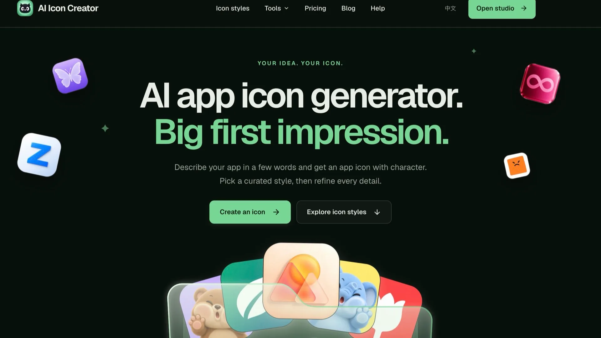 AI Icon Creator home page with app icon examples