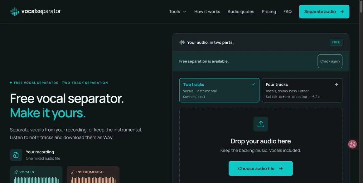 Vocal Separator online audio upload and separation interface