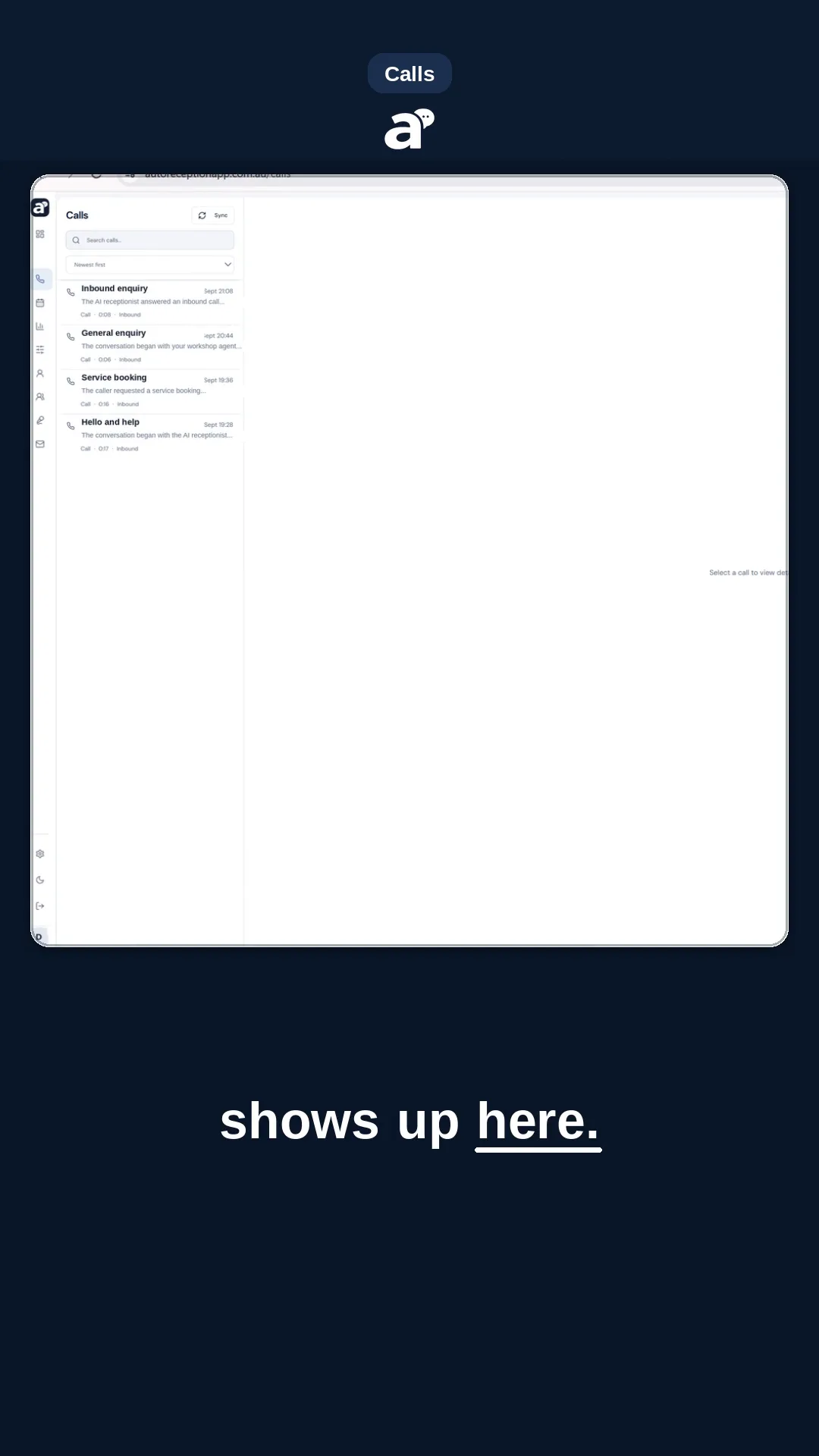 AutoReception call log with AI-answered calls