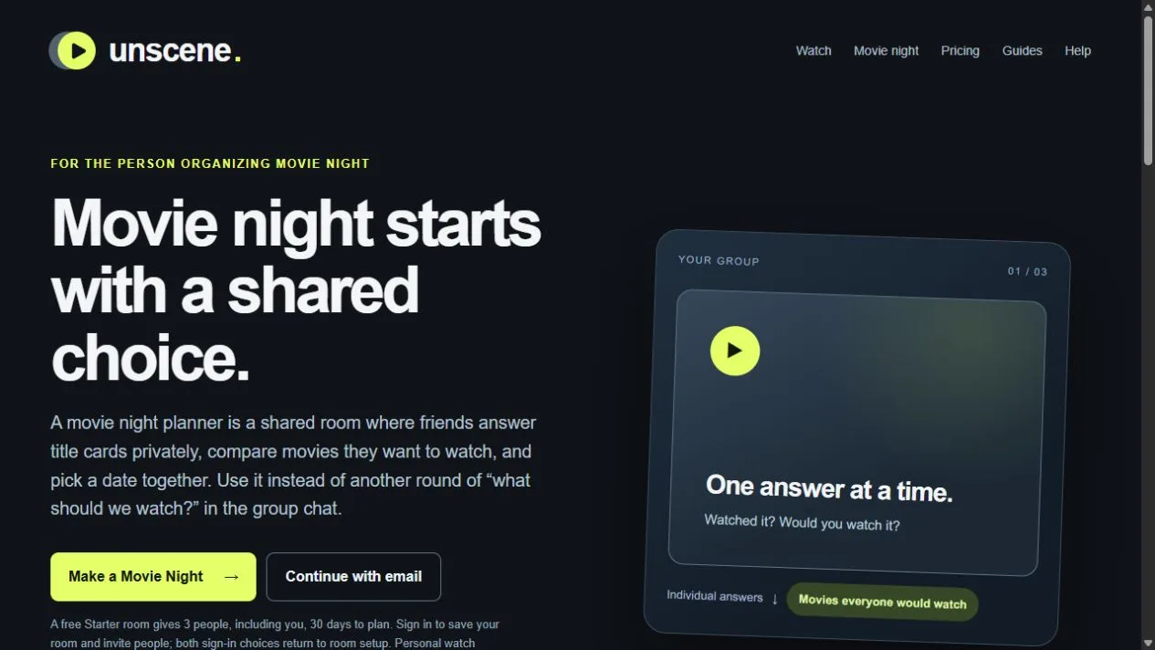 unscene movie-night planning page