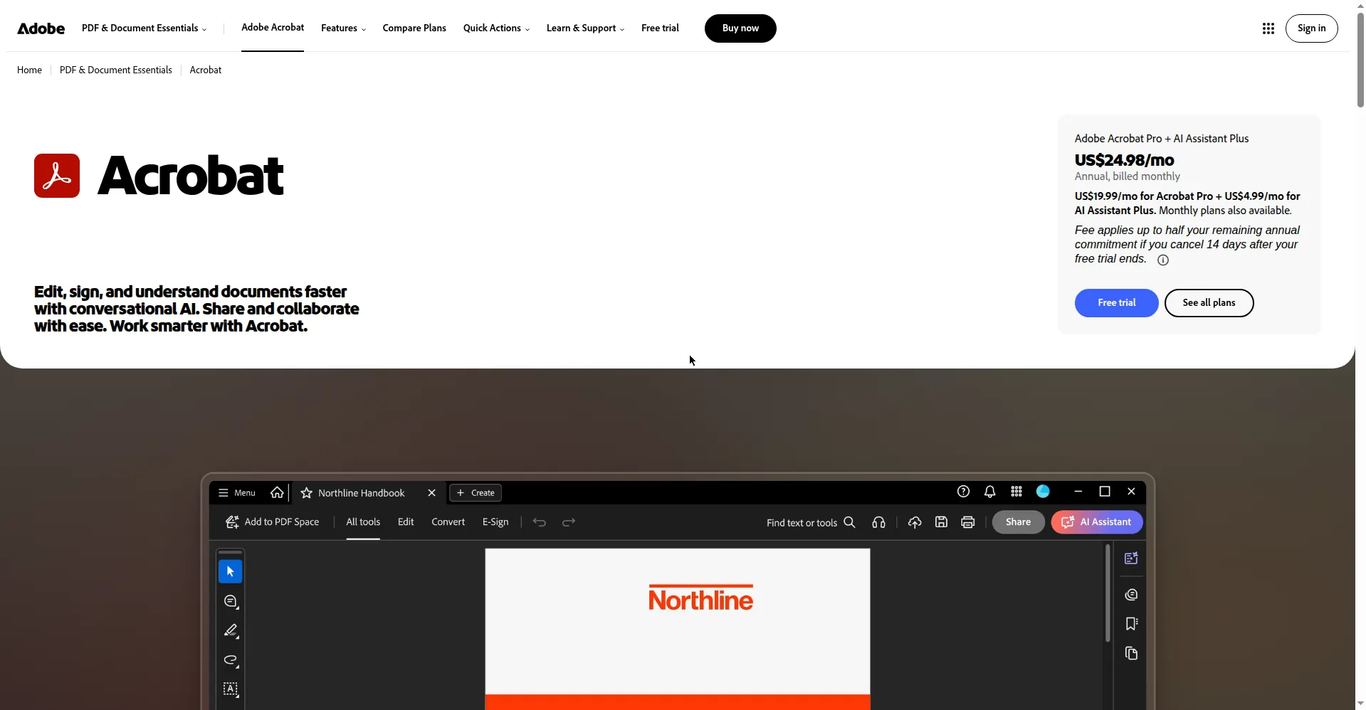 Acrobat homepage: 'Edit, sign, and understand documents faster with conversational AI' with plan pricing