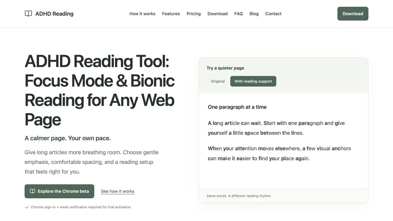 ADHD Reading website and desktop Chrome beta features