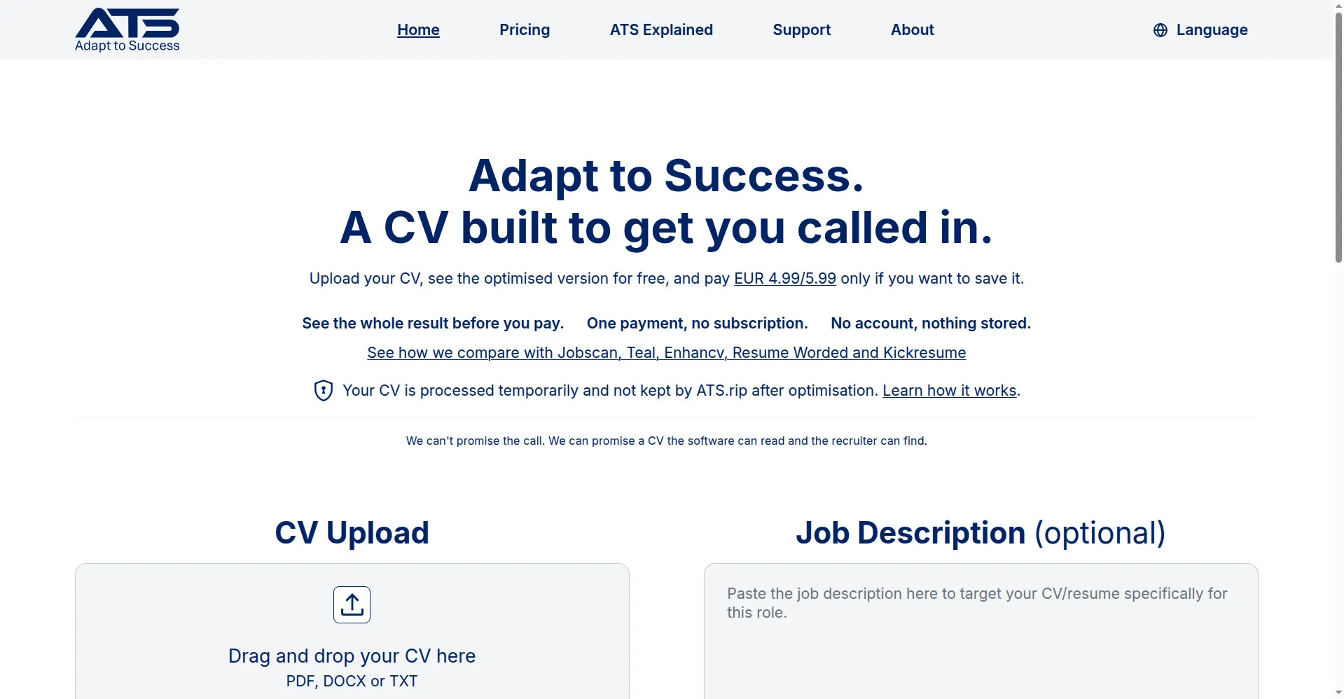 Homepage hero: upload your CV and see the optimized version free