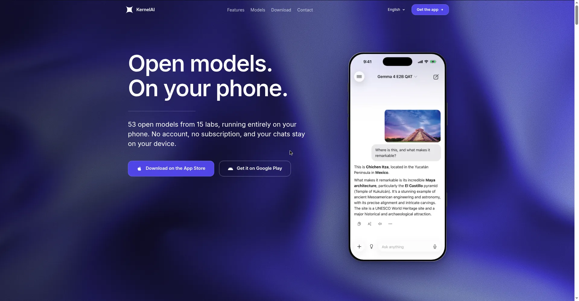 KernelAI homepage — open models, on your phone