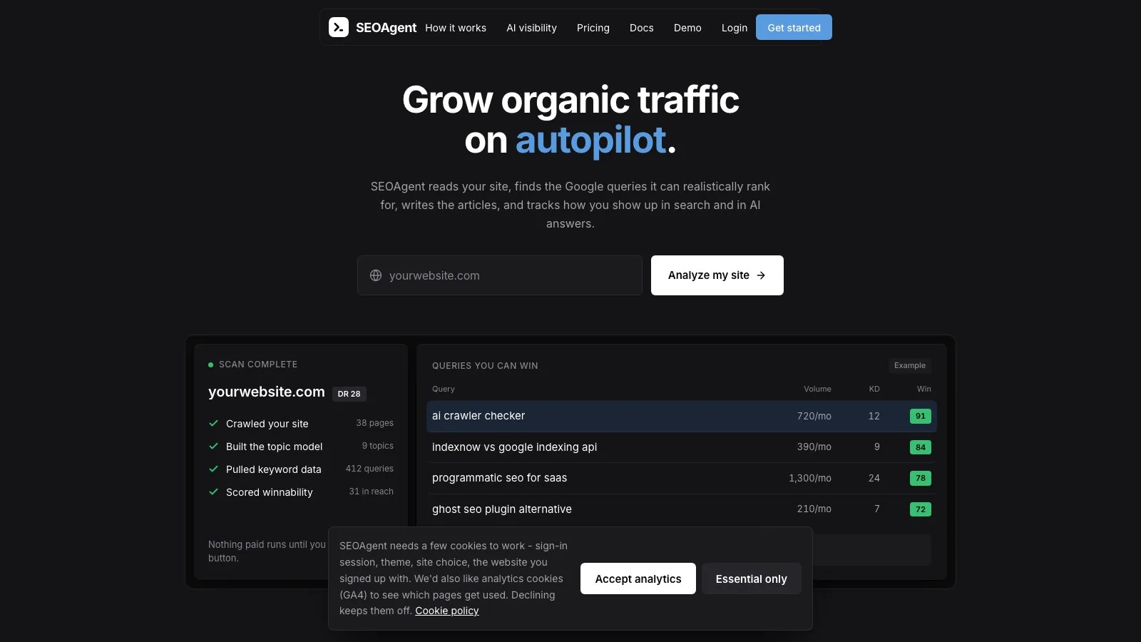 SEOAgent dashboard tracking rankings and traffic