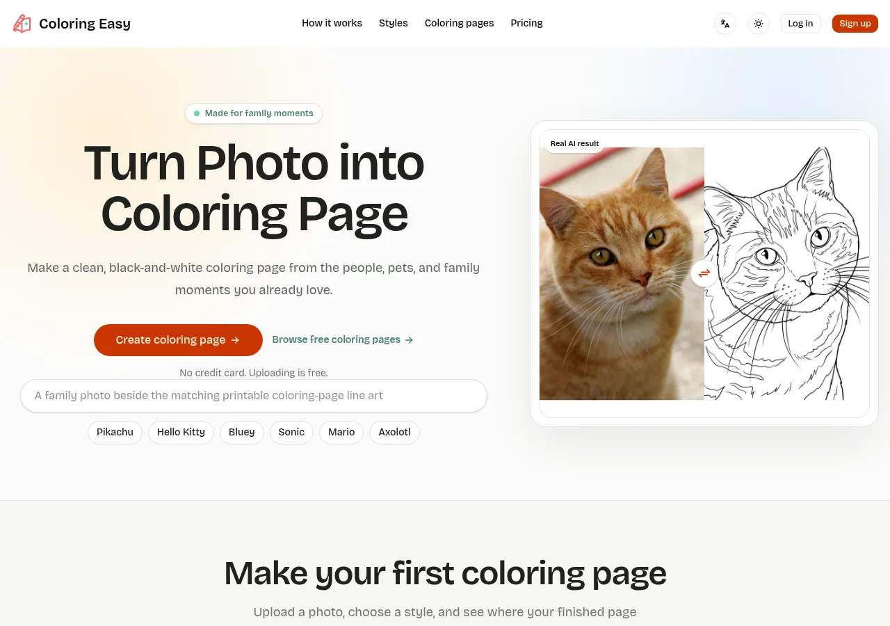 Coloring Easy homepage turning a photo into a coloring page