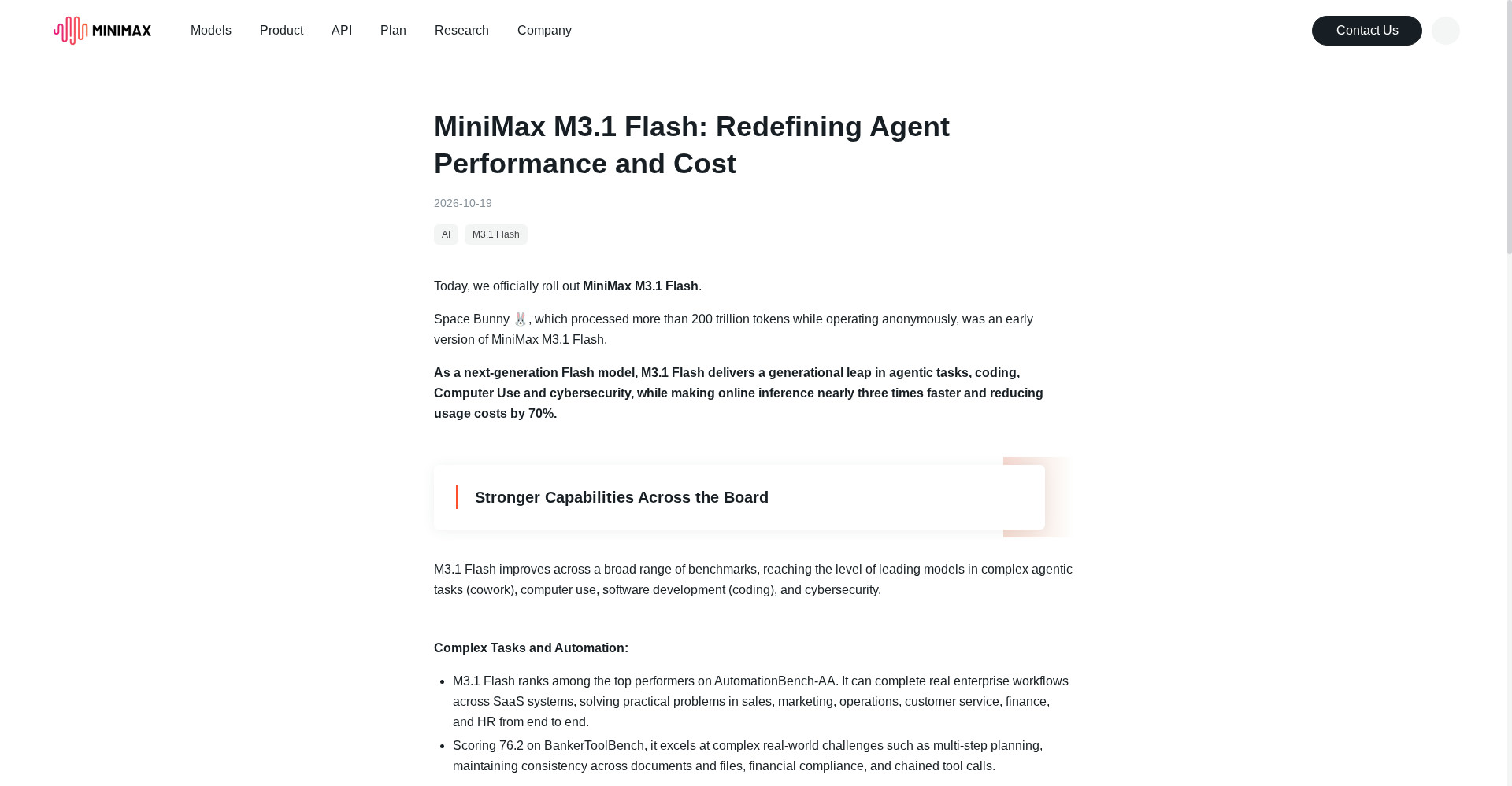 MiniMax M3.1 Flash announcement - redefining agent performance and cost