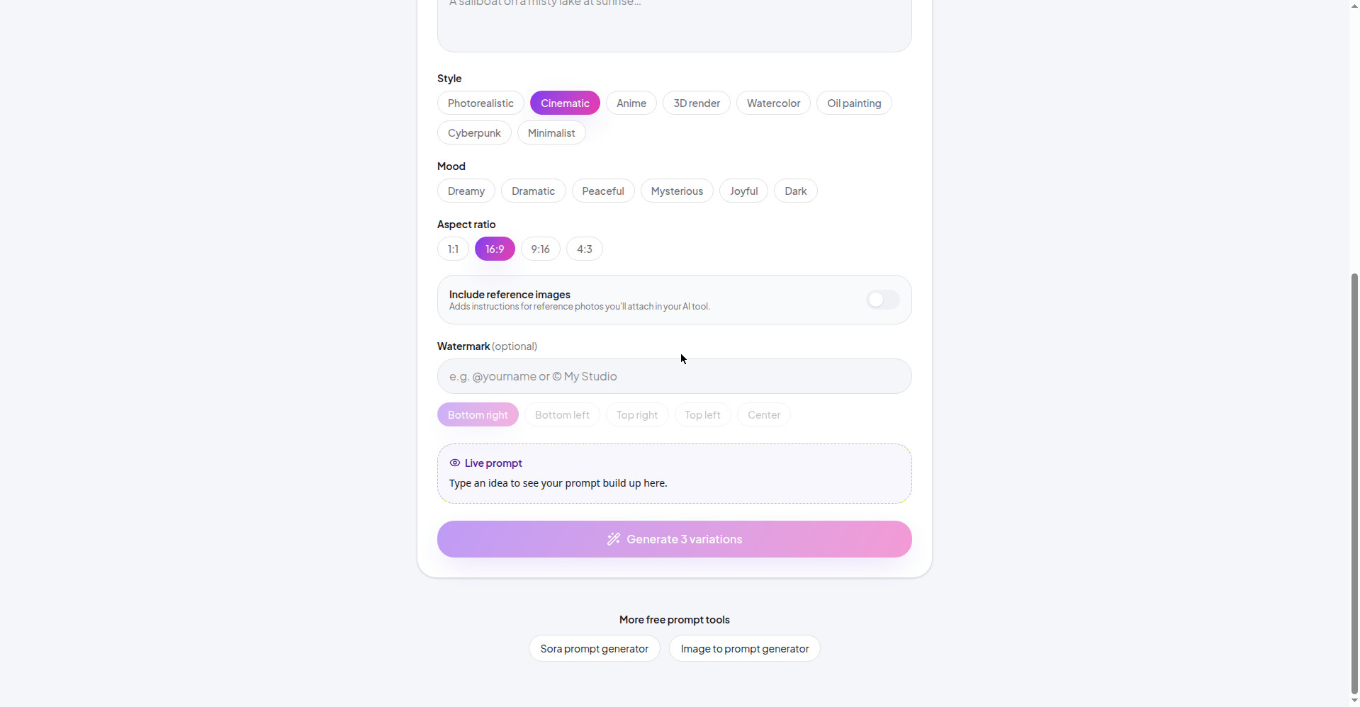 Homepage builder: style, mood and aspect ratio picker with live prompt