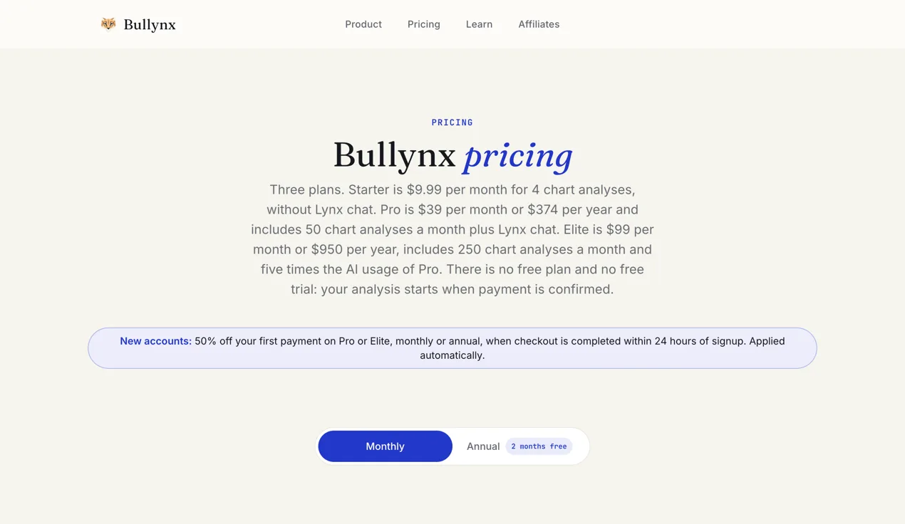 Bullynx pricing page: Starter, Pro and Elite plans