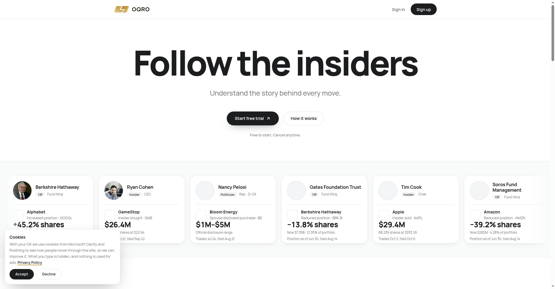 OQRO homepage: follow the insiders