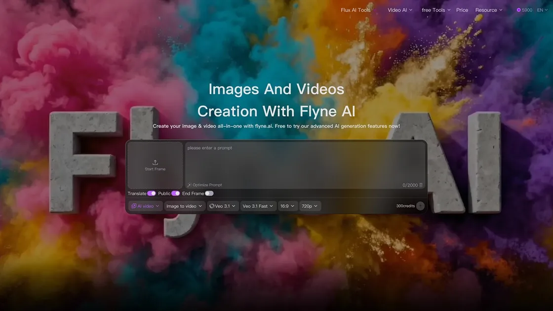 Flyne AI image and video creation workspace