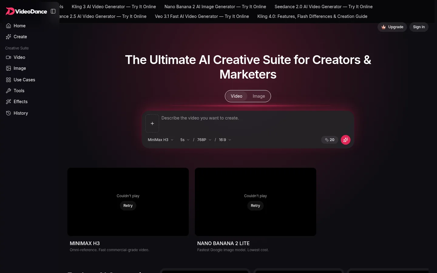 VideoDance homepage: AI video and image generator