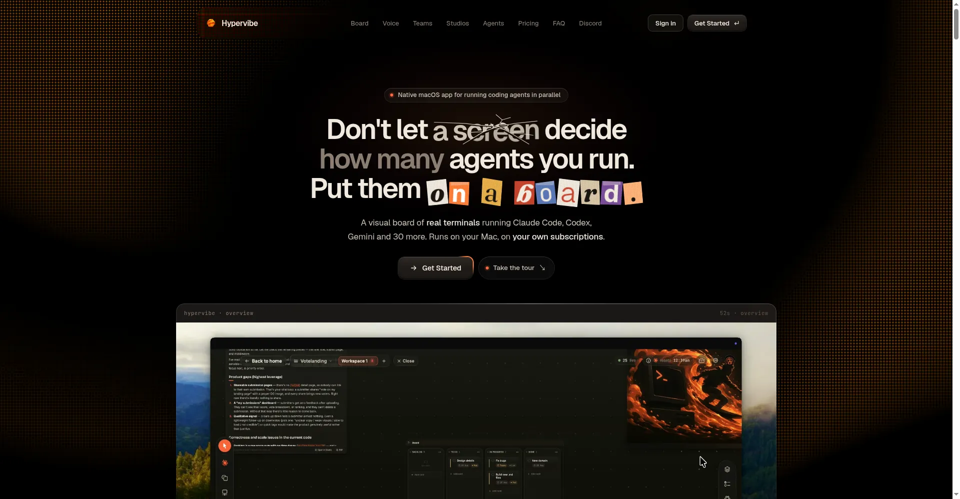 Hypervibe homepage — one board for your AI agents