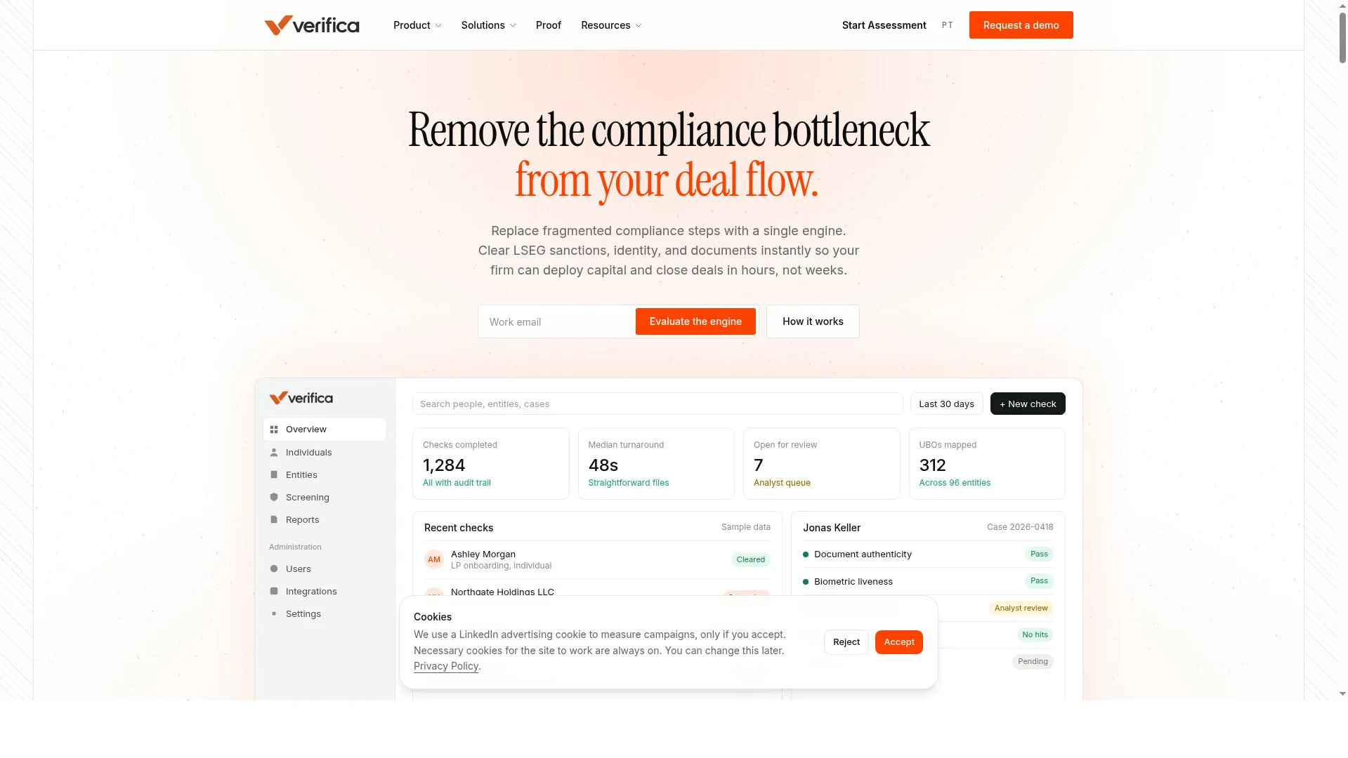 Verifica homepage — remove the compliance bottleneck from your deal flow