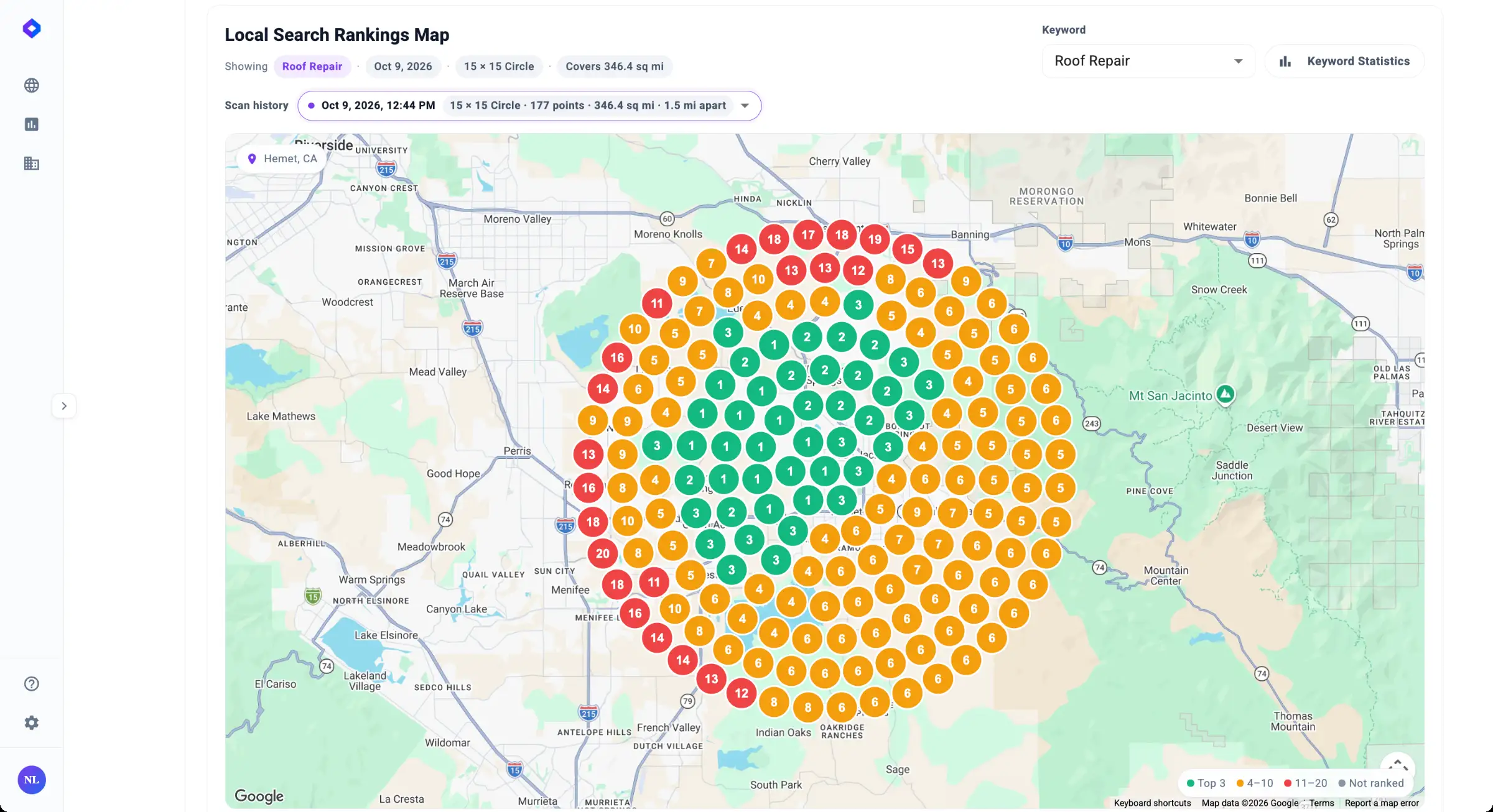 Google Maps rankings heatmap for a local business keyword
