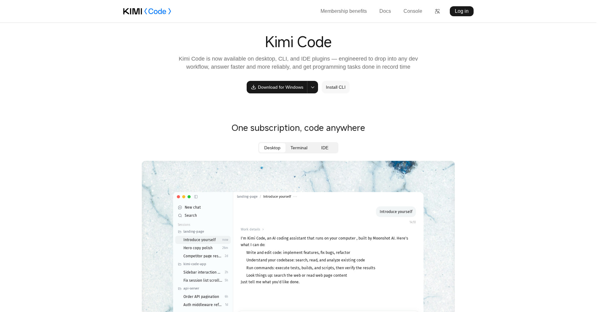 Kimi Code homepage