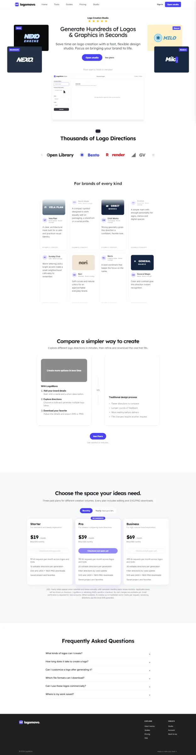 LogoMovo homepage and AI logo design workflow