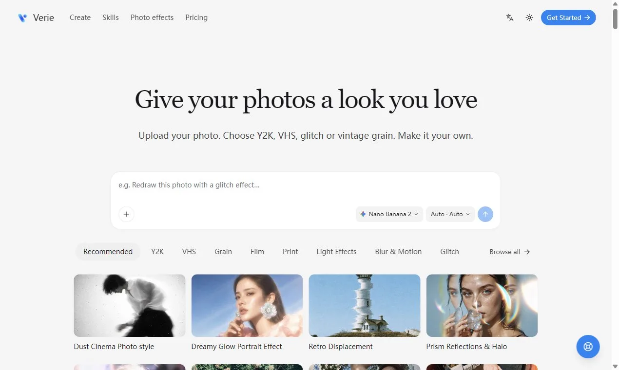 Verie AI photo effects workspace